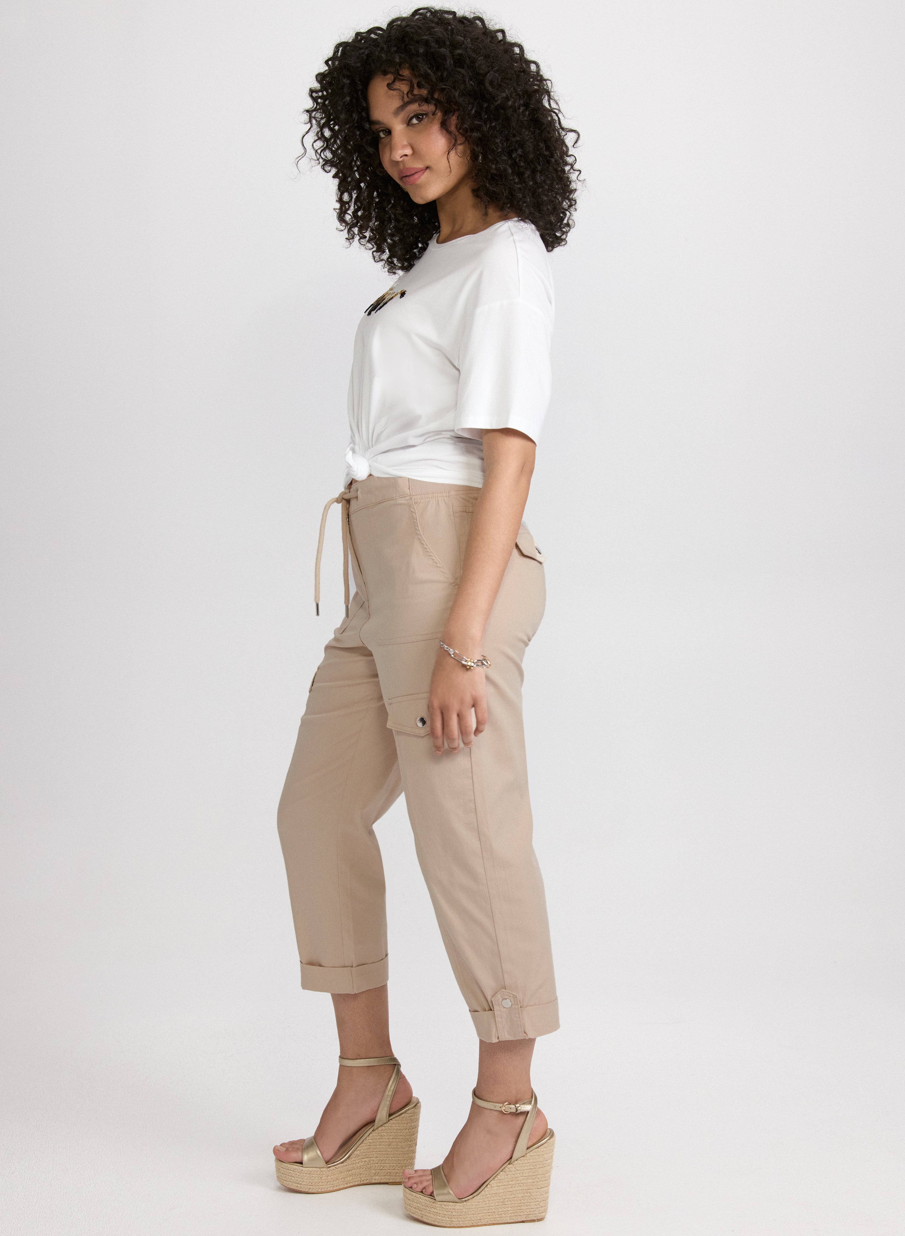 Cotton Drawstring Waist Cargo Capris