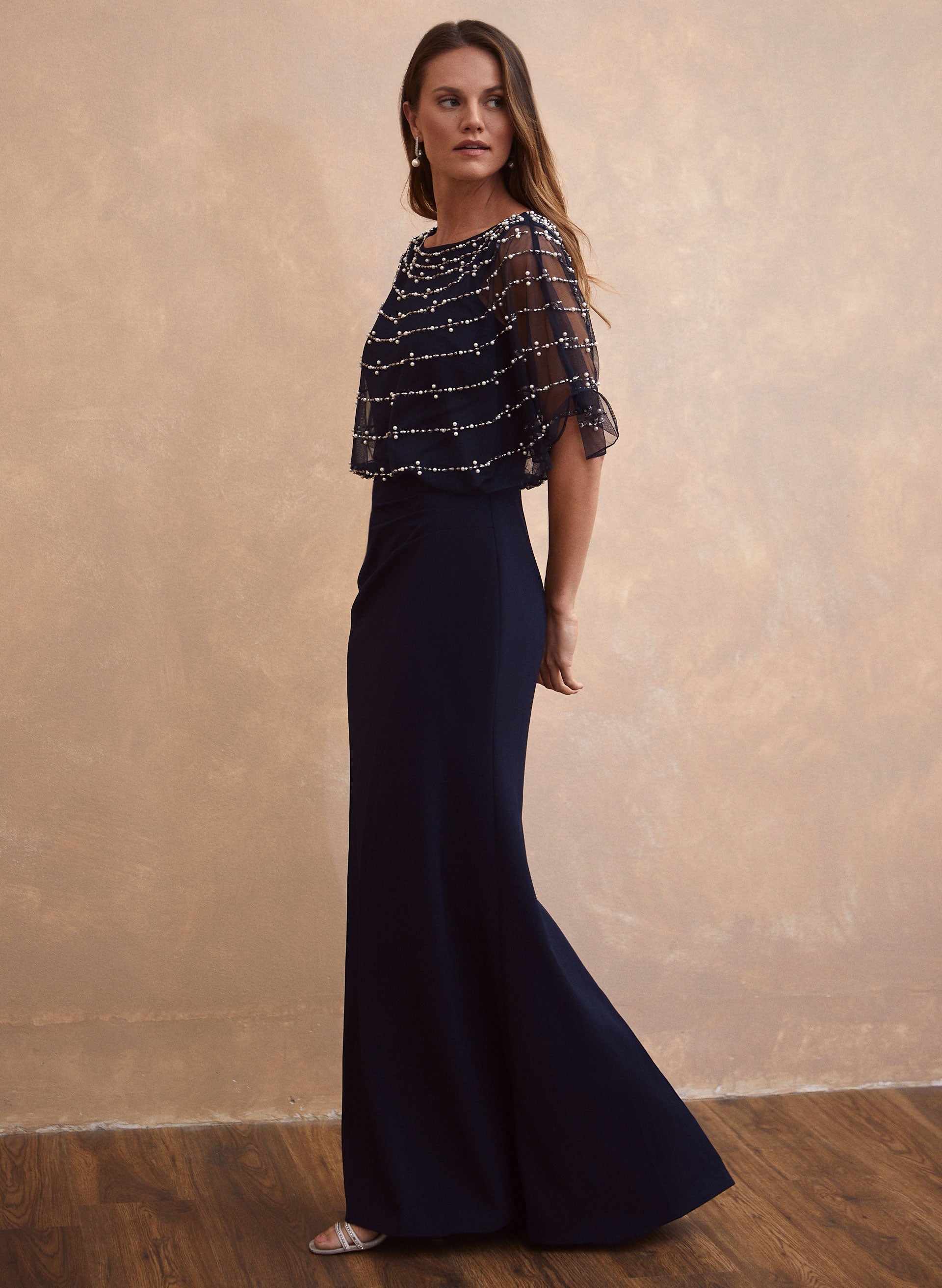 Beaded Mesh Capelet Maxi Dress