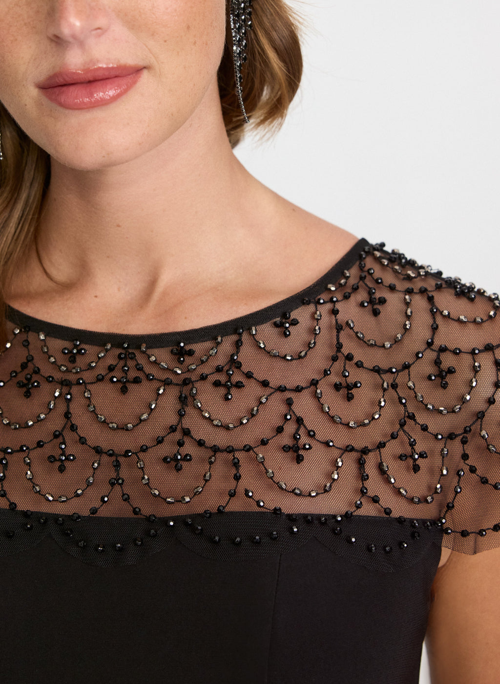 Beaded Mesh Yoke Dress