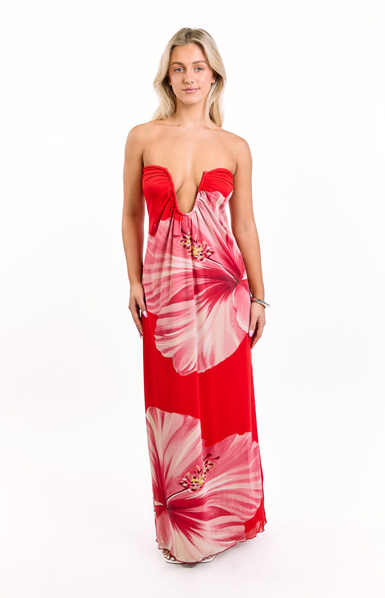 Braelyn Orange Hibiscus Print Strapless Maxi Dress