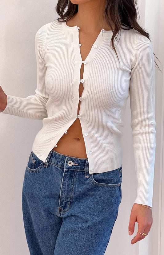 Kippy White Knit Button Up Long Sleeve Top