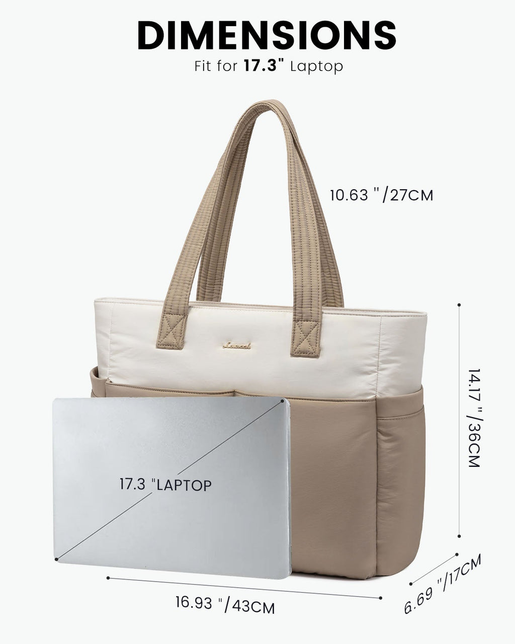 2Pcs Multi-pocket Puffer Tote Bag, 15.6 17.3