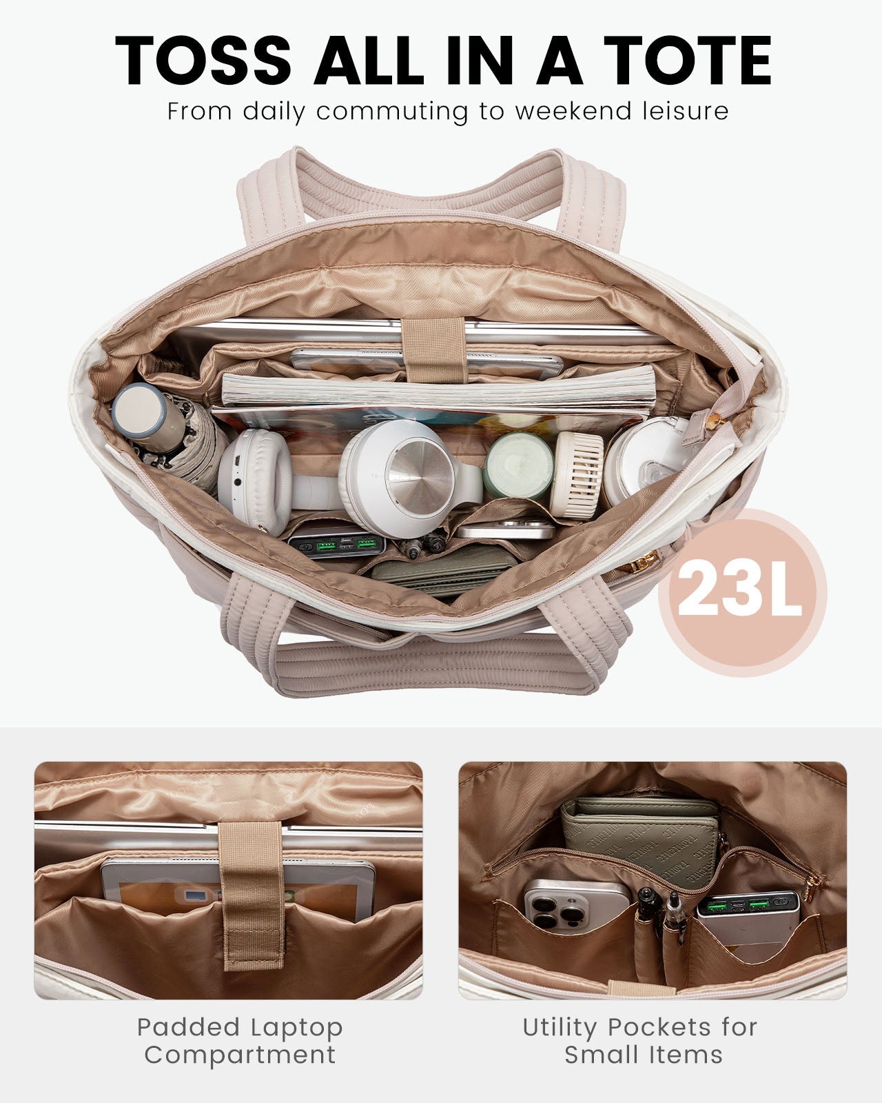 2Pcs Multi-pocket Puffer Tote Bag, 15.6 17.3