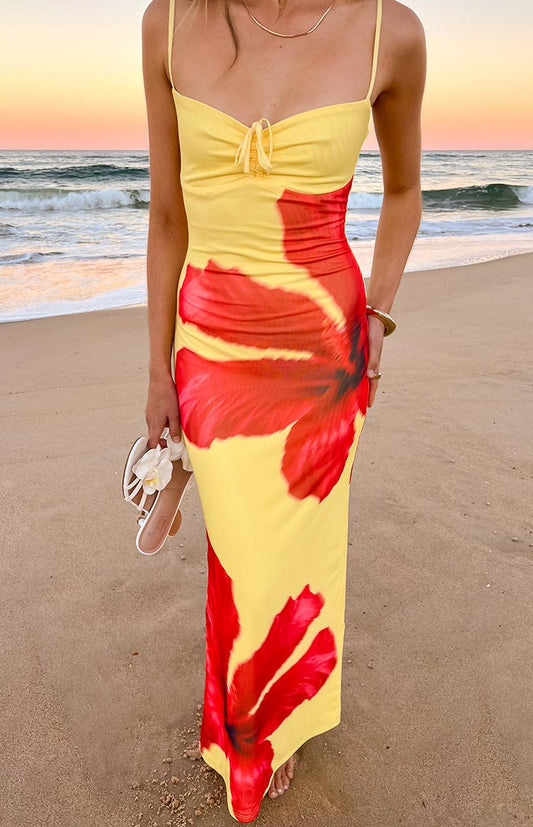 Rosalyn Red Hibiscus Print Maxi Dress