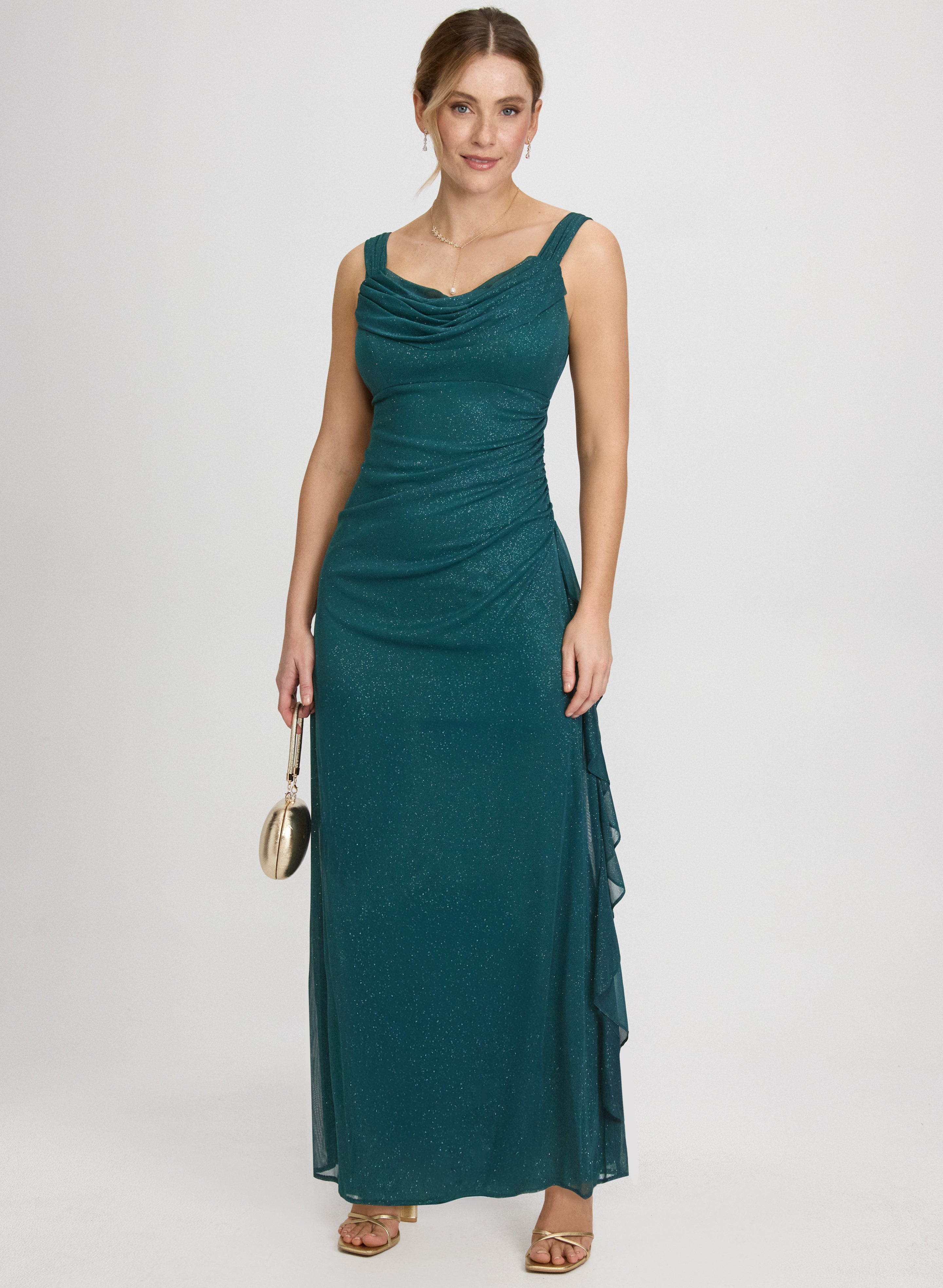 Cowl Neck Glitter Mesh Dress