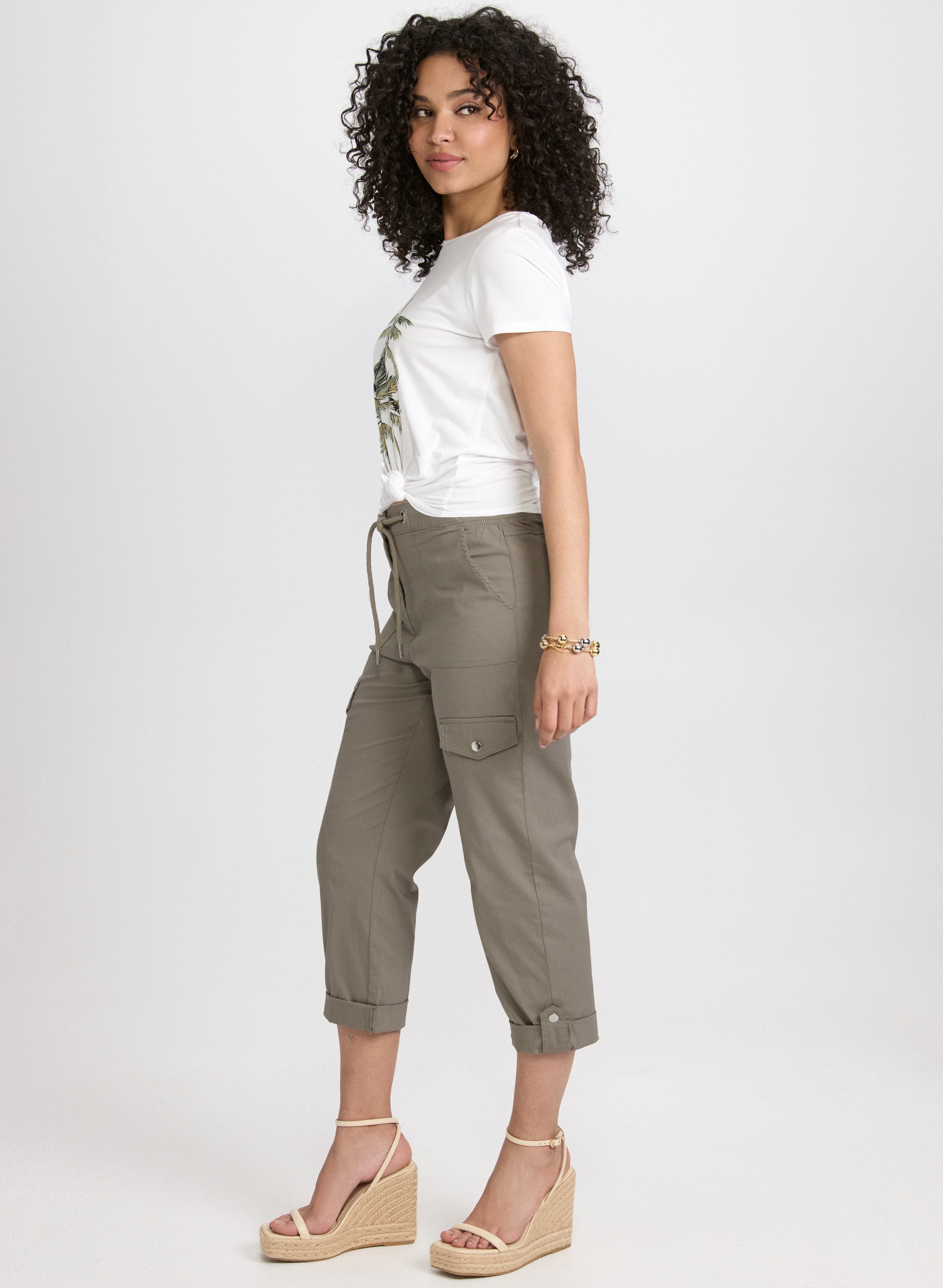 Cotton Drawstring Waist Cargo Capris