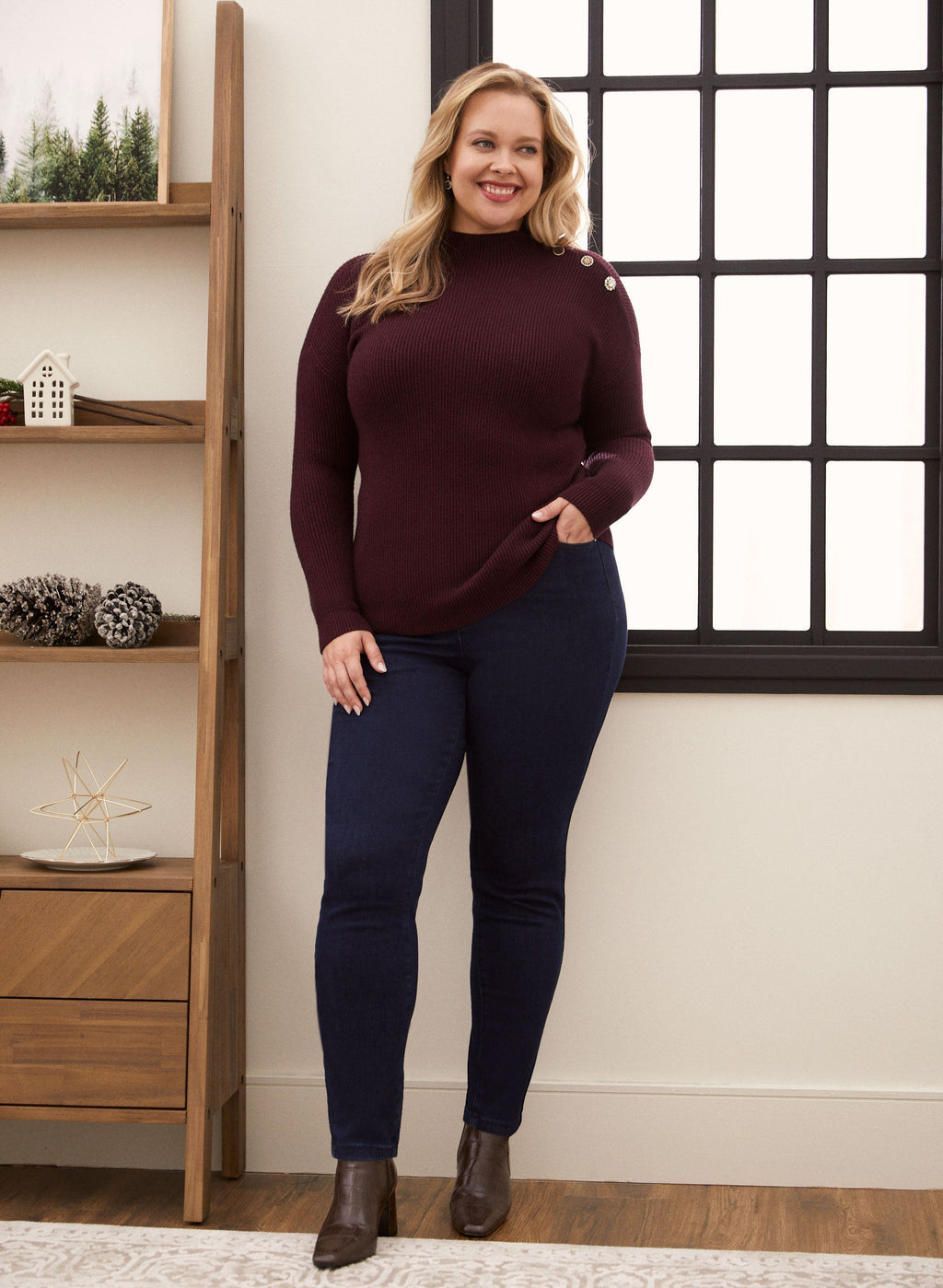 Crystal Button Mock Neck Sweater