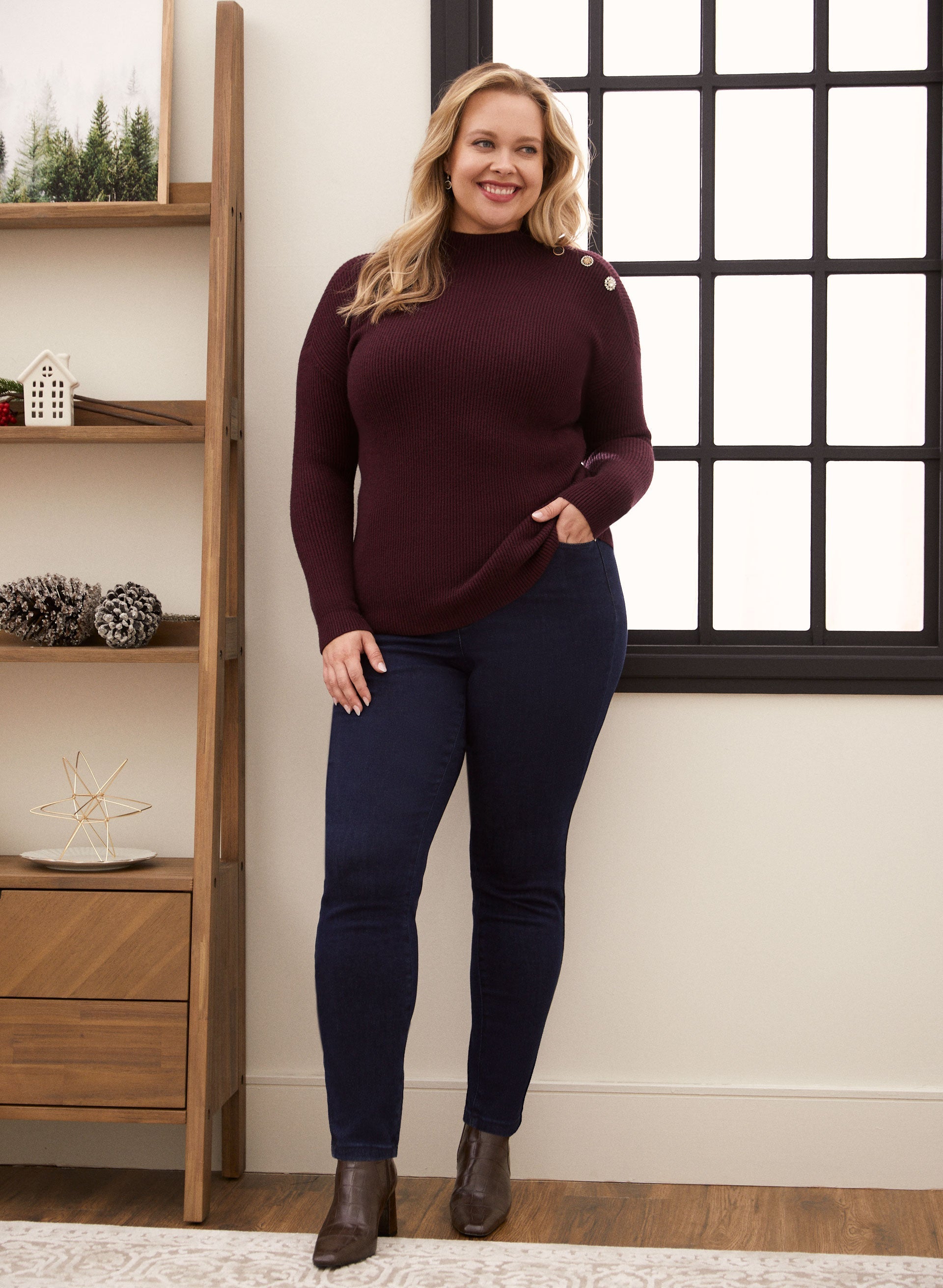 Crystal Button Mock Neck Sweater