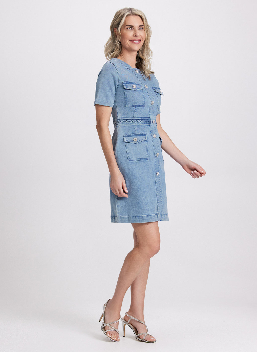 Denim Crystal-Embellished Button Dress