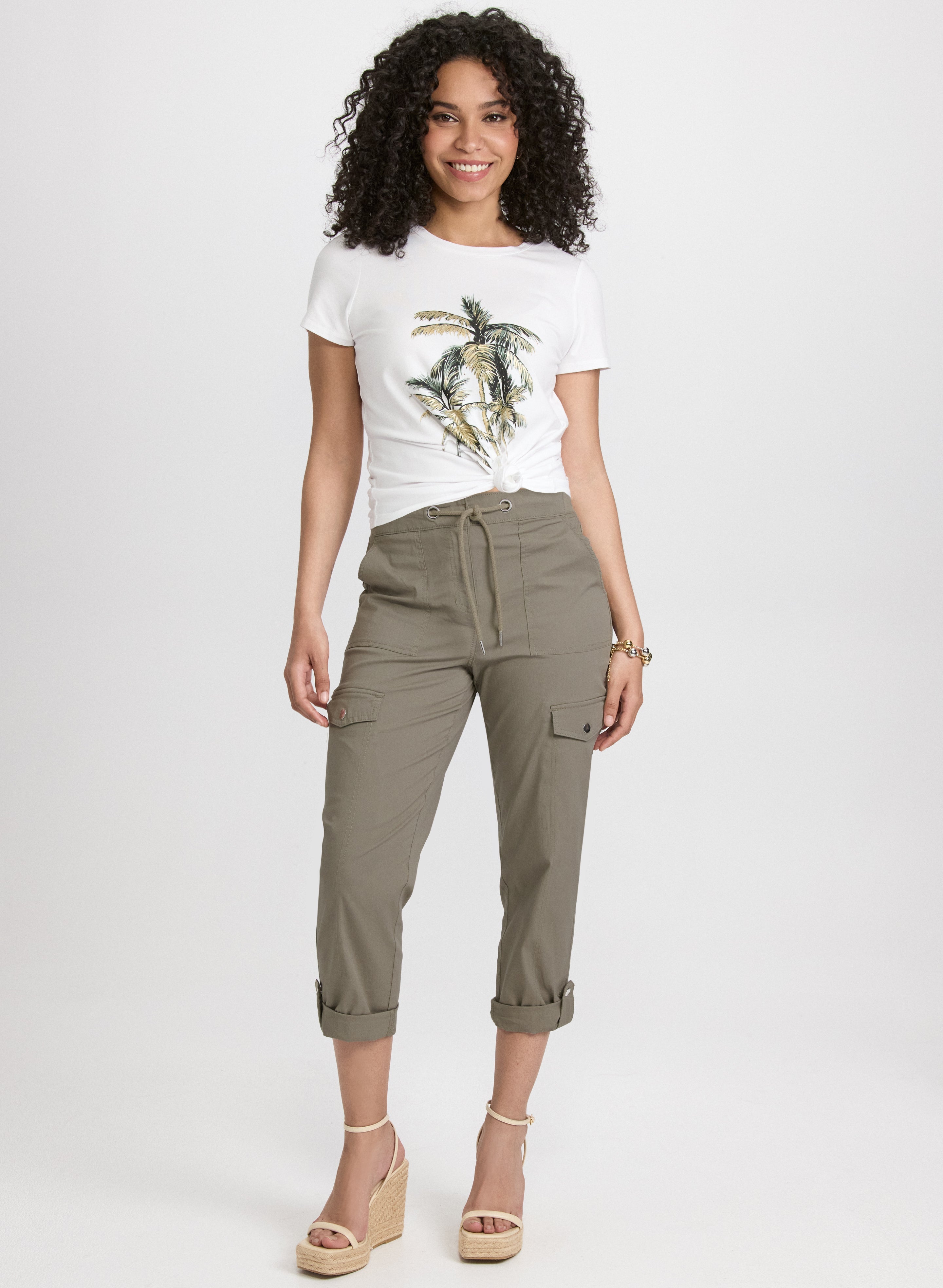 Cotton Drawstring Waist Cargo Capris