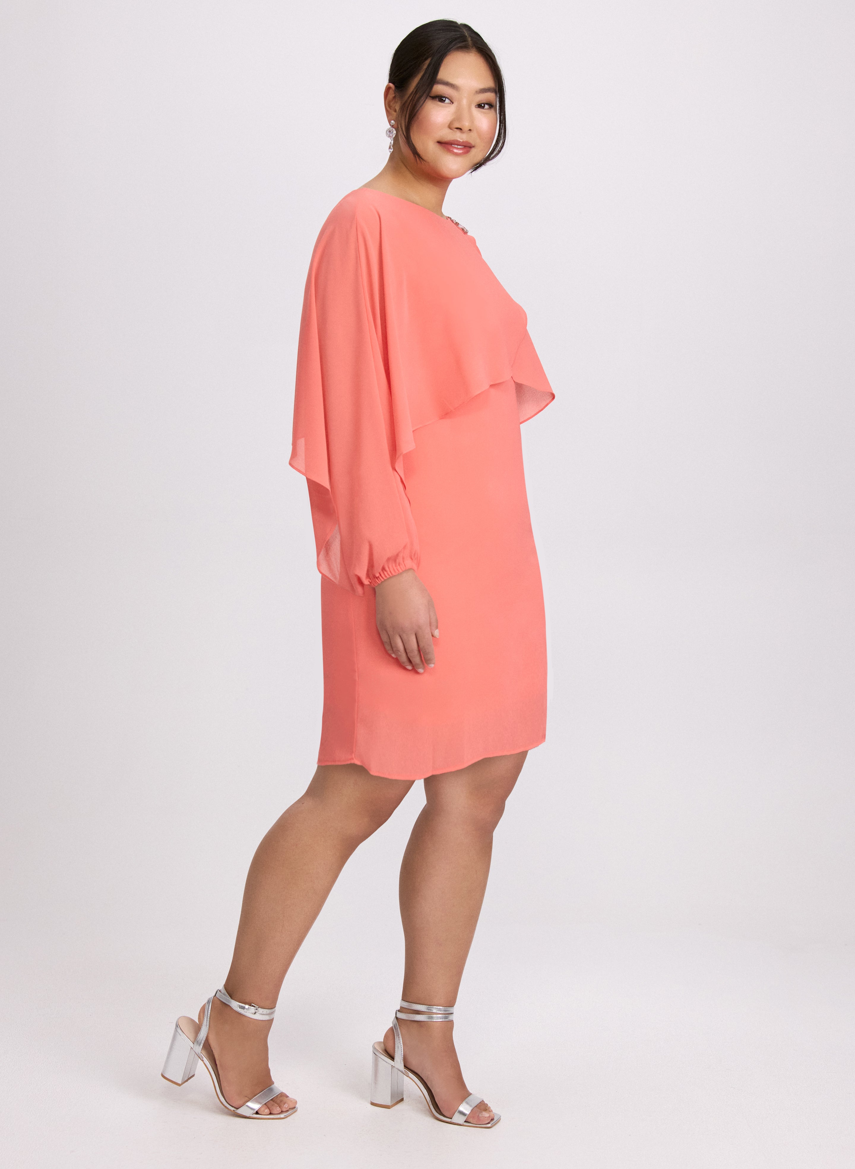 Brooch Embellished Capelet Dress