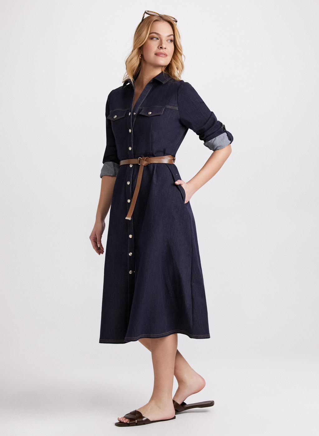 Belted Denim Button-Down Midi Dress