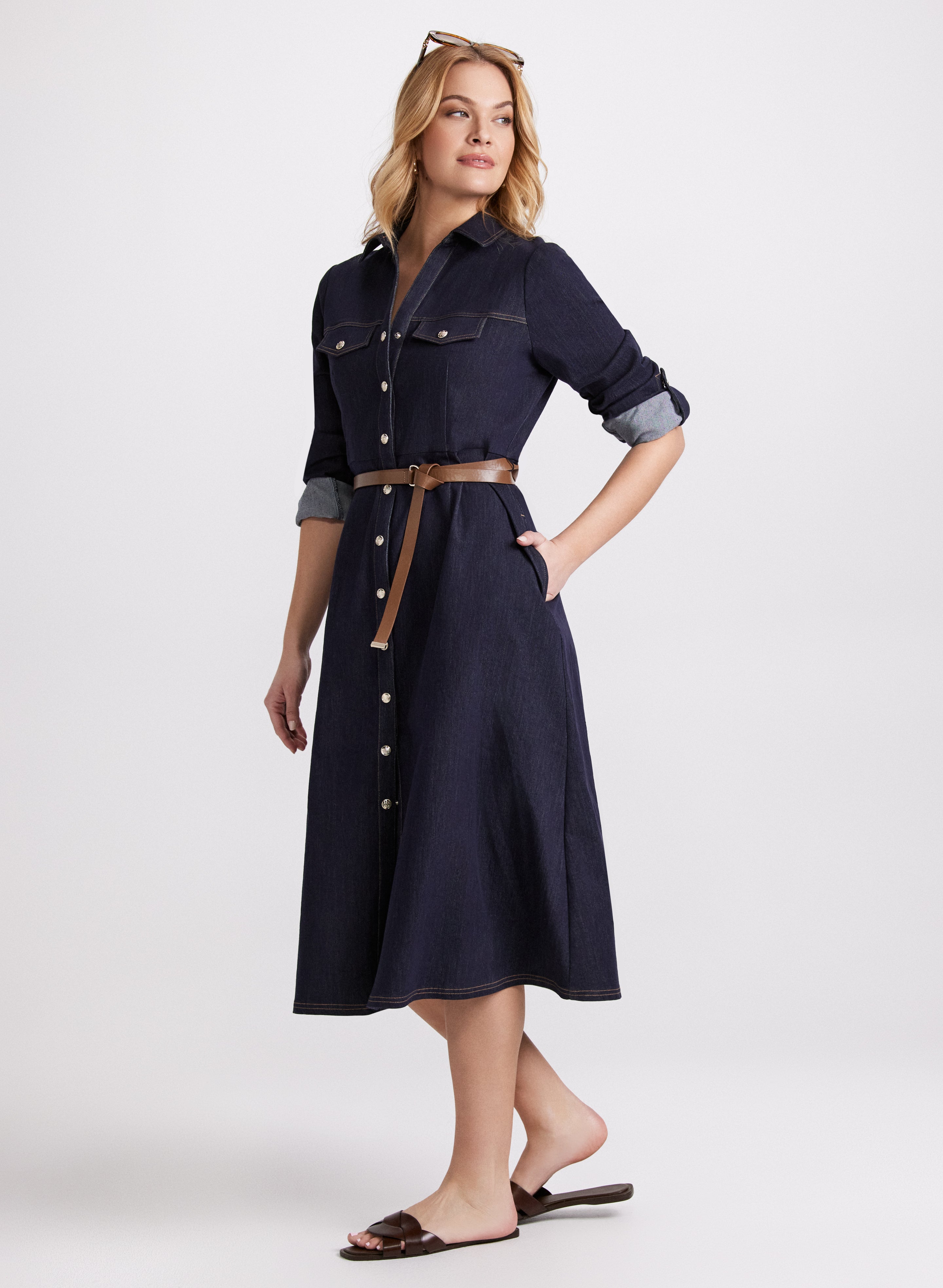 Belted Denim Button-Down Midi Dress